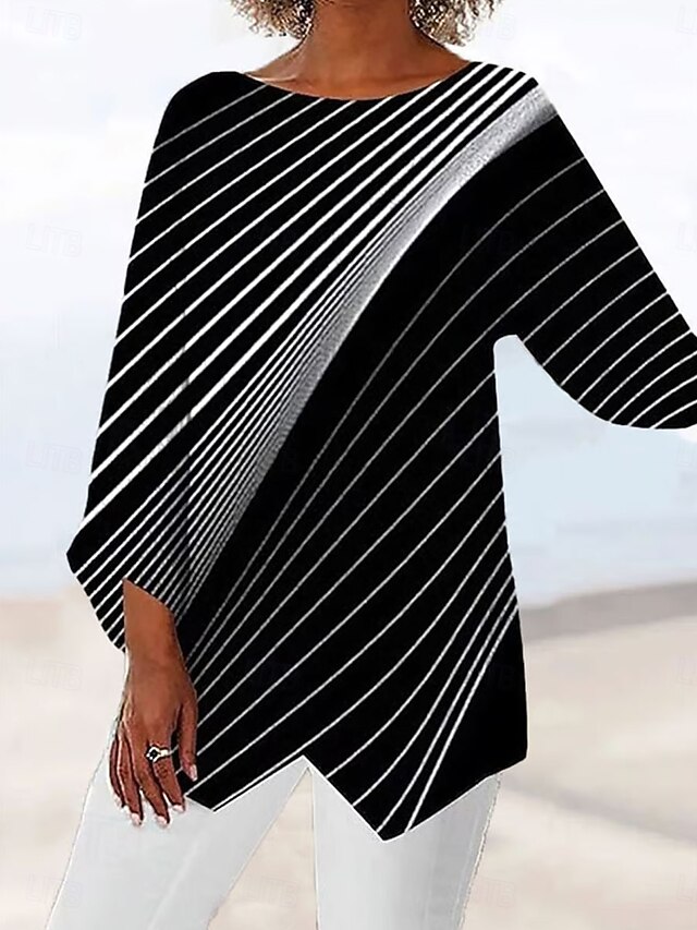 Women's Blouse Graphic Geometric Vintage Tropical Stylish 3/4 Length Sleeve Crew Neck Boat Neck Regular Tops Daily Print Black Spring Fall4
