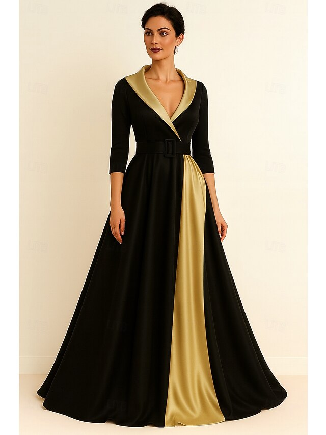 Tuxedo Dress A-Line Formal Wedding Wedding Guest Satin Elegant Color Block Short Sleeve Floor Length Shawl Lapel4