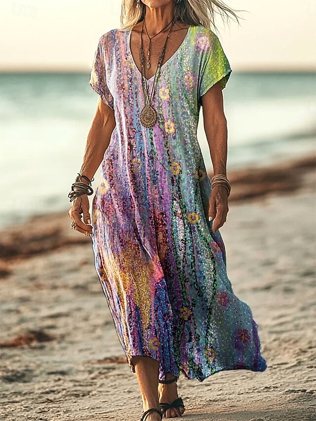 Women's Floor length Casual Dress A Line Dress Summer Dress Elegant Vacation Casual Holiday Date Beach Loose Fit Ombre Floral Graphic Short Sleeve V Neck Light Purple Summer Spring Fall4