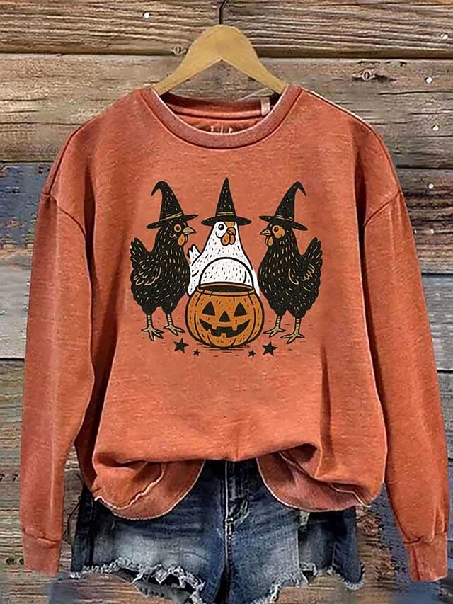 Halloween Women's Pullover Sweatshirt Witch Graphic Animal Pumpkin Fashion Casual Long Sleeve Crew Neck Regular Tops Street Dailywear Casual Print Pink Dark Green Orange Fall Winter4