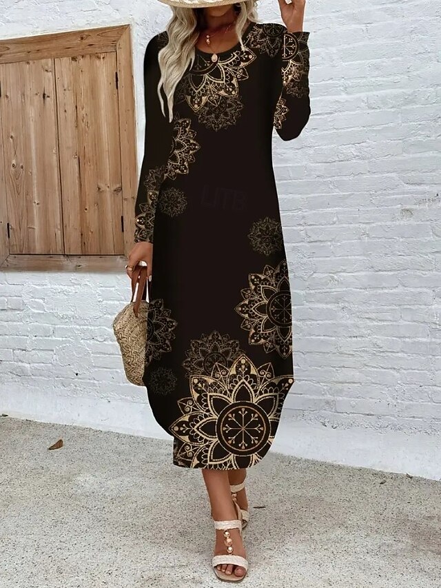 Women's Midi Dress Sheath Dress T Shirt Dress Tee Dress Vacation Casual Boho Holiday Date Regular Fit Graphic Geometric Tribal Long Sleeve Crew Neck Black Spring Fall Winter4