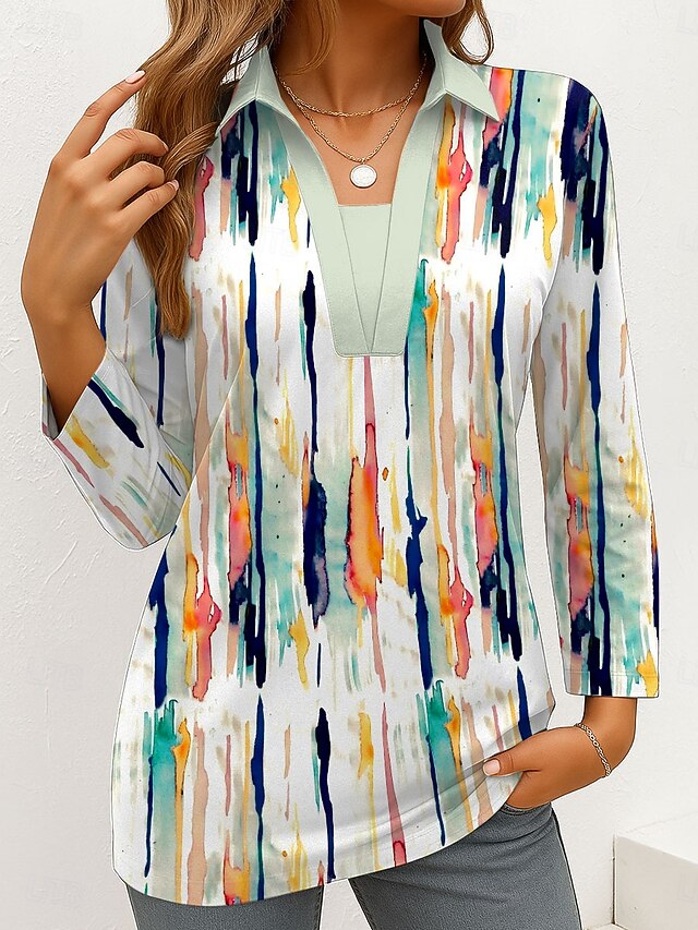 Women's T Shirt Graphic Geometric Abstract Vintage Stylish Modern Long Sleeve V Neck Shirt Collar Regular Tops Daily Weekend Formal Wear Print Purple Orange Green Summer Spring Fall Winter4