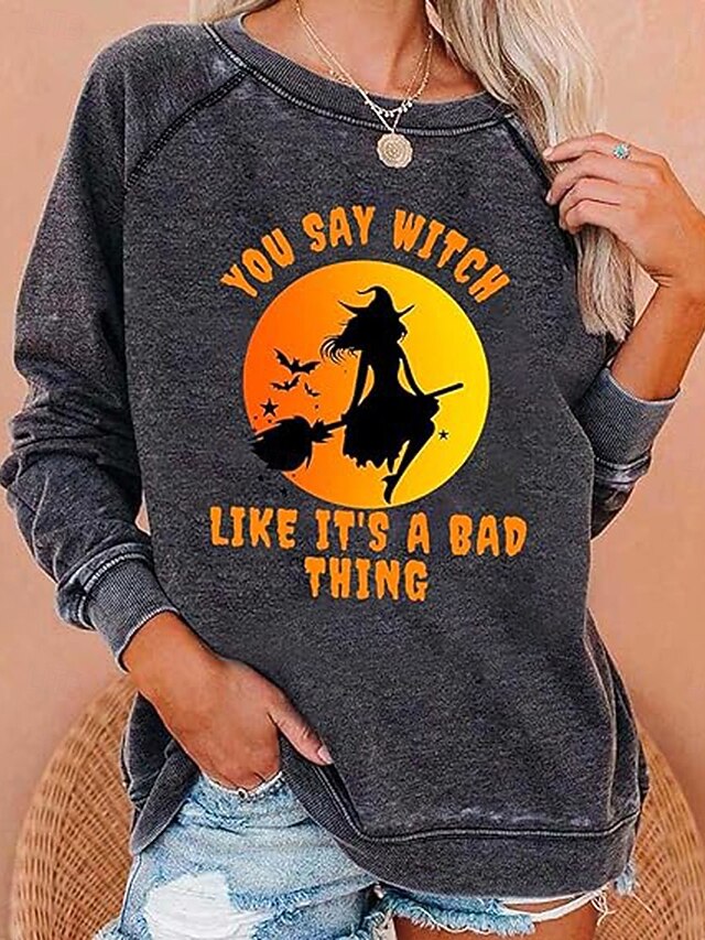 Halloween Women's Pullover Sweatshirt Witch Graphic Fashion Casual Long Sleeve Crew Neck Regular Tops Street Dailywear Casual Print Black White Gray Fall Winter4