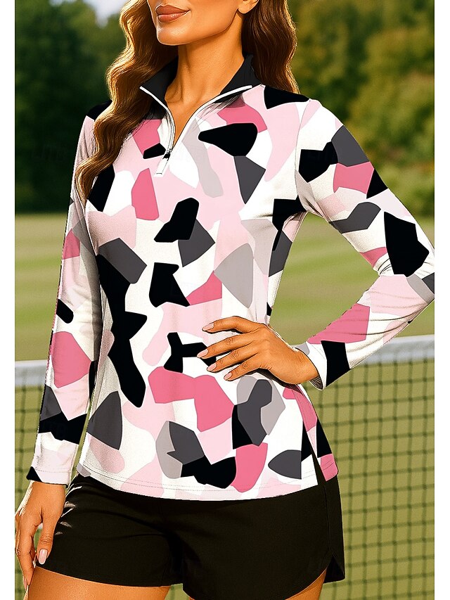 Women's Geometric Tops Golf Polo Shirt Tennis Shirt Long Sleeve Print Quarter Zip Pullover UV Protection Elastic Breathable Tennis Golf Pickleball Stand Collar Zip Collar Shirt Sweatshirt Pink Tennis4