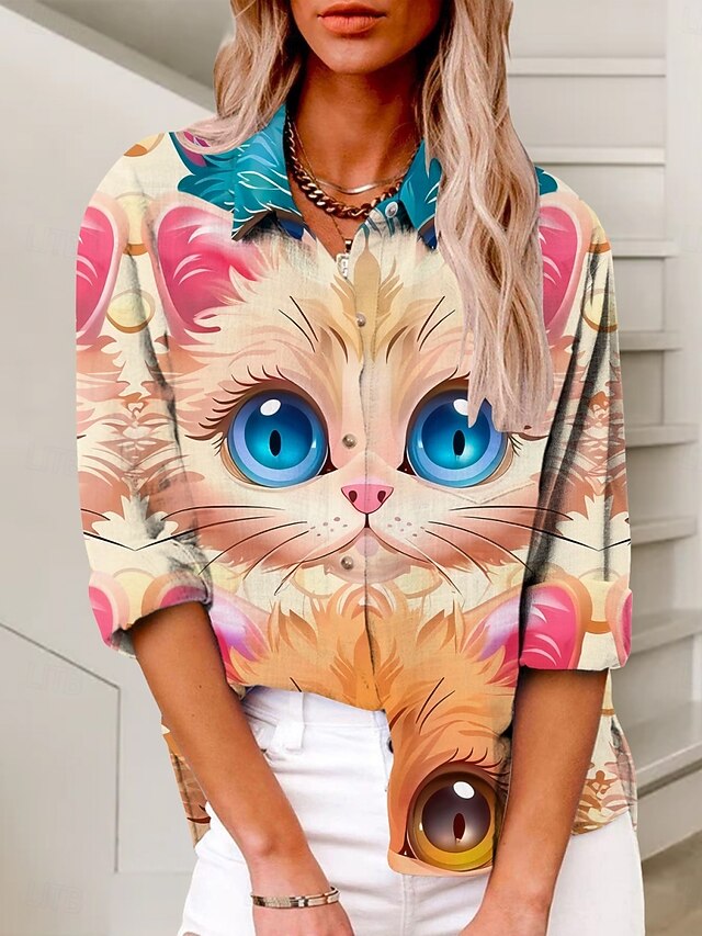 Women's Shirt Cat Active Daily Stylish Long Sleeve Shirt Collar Regular Tops Daily Holiday Buttons Print Pink Summer Spring Fall4