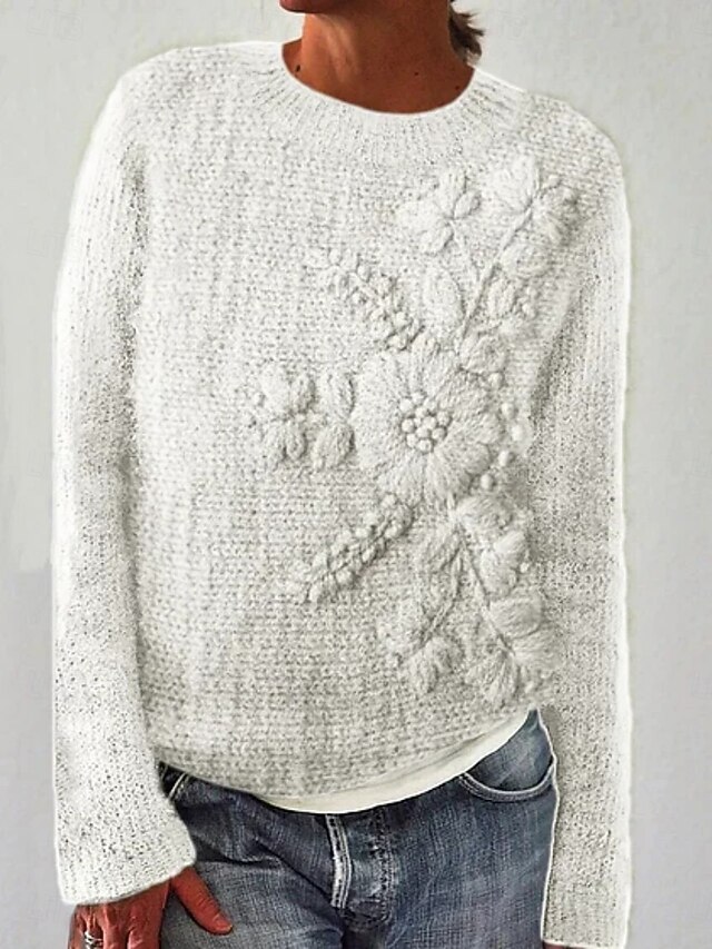 Women's Sweater Pullover Vacation Daily Casual Floral Ribbed Crew Neck Print Long Sleeve Regular Tops Knit Outdoor Daily Holiday White Green Fall Winter4