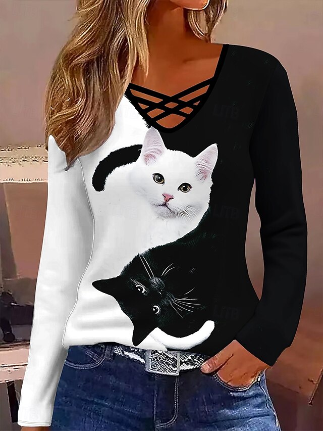 Women's T Shirt Graphic Animal Cat Vintage Stylish Classic Long Sleeve V Neck Regular Tops Daily Tassel Tie Print Black and White Spring Fall Winter4