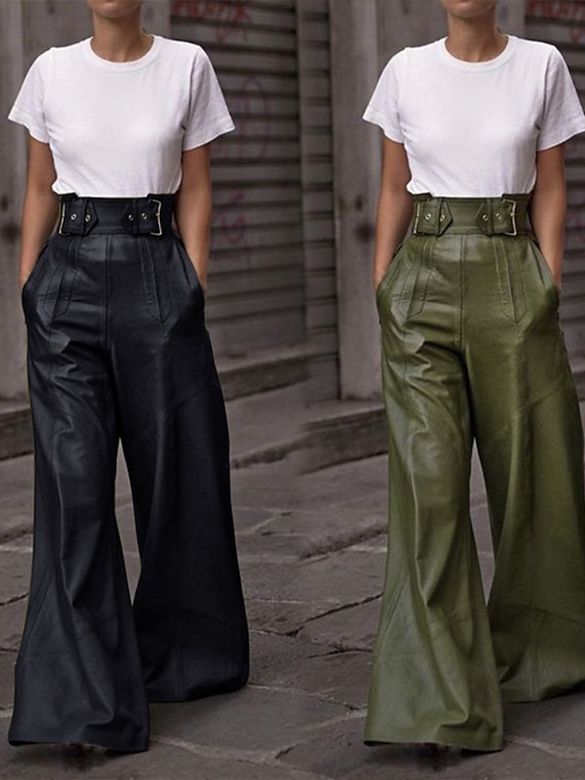  Per donna Gamba larga Pantaloni di pelle Streetwear Casual Lunghezza intera Naturale Semplice Tasca Elastico in vita Confortevole All'aperto Vacanza Ferie Nero Verde militare Autunno Vestibilit
