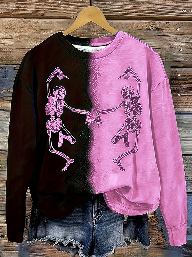 Halloween Women's Pullover Sweatshirt Skulls Graphic Fashion Casual Long Sleeve Crew Neck Regular Tops Street Dailywear Casual Print Light Pink Spring Fall Winter4