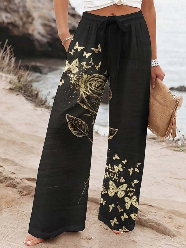 Women's Wide Leg Pants Trousers Vacation Casual Long High Waist Butterfly Elastic Waist Printing High Cut Breathability Soft Micro-elastic Vacation Street Daily Wear Black Purple Khaki Spring Fall4