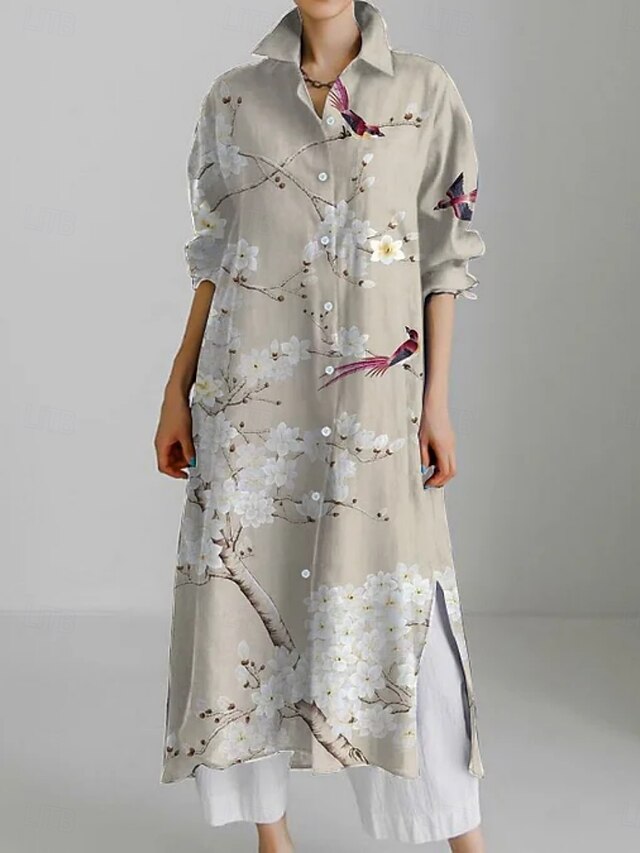 Women's Midi Dress Shirt Dress Casual Dress Fashion Modern Daily Holiday Weekend Regular Fit Floral 3/4 Length Sleeve Shirt Collar Pink Khaki Summer Spring Fall4