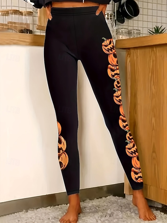  Femmes Leggings Vacances ancien Mode Longueur complète Taille hautePantsHalloween Graphique Potiron Impression Doux Respirant Haute Élasticité Extérieur Vacances Rue Orange Printemps Automne Hiver