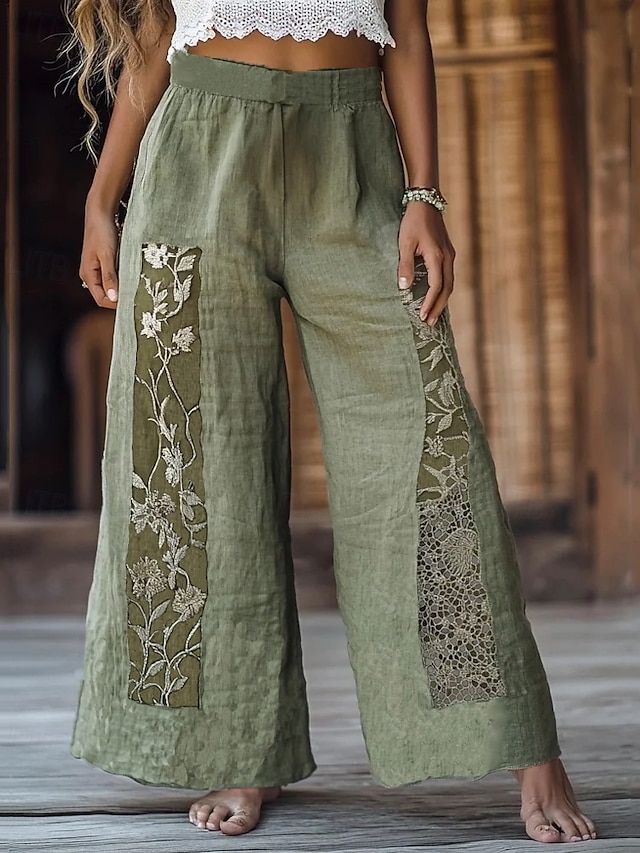  Femmes Jambe large Pantalons Pantalon palazzo ancien Boho Longueur complète Taille haute Fleur Taille Élastique Impression Respirabilité Confortable Rue Tenue quotidienne Sortir Vert Printemps Automne