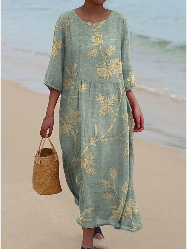  Kvinnors Maxiklänning Kaftan 3/4 Lång Ärme Crew Neck Avslappnad Shift Klänning A-linjeformat Klänning Klänning Boho Daglig Semester Dejtdress Blommig Grafisk Mörk Gul Ljus Rosa Gul Ljus Grön