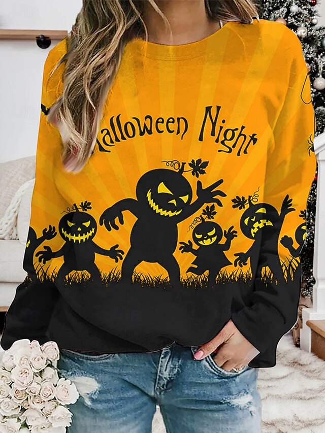 Halloween Women's Pullover Sweatshirt Hoodies Pumpkin Graphic Fashion Casual Long Sleeve Crew Neck Regular Tops Street Dailywear Print Yellow Blue Orange Spring Fall Winter4