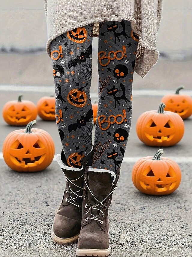  Dámské Kalhoty Legíny Šik ven Na běžné nošení Plná délka Vysoký pasPantsHalloween Dýně Netopýr Elastický pas Tisk Prodyšnost Pohodlné Elastické Dovolená ulice Denní nošení Šedá Léto Jaro Podzim Běžný