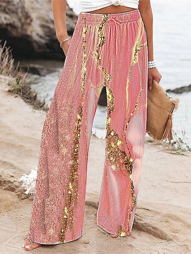 Women's Wide Leg Pants Trousers Palazzo Pants Fashion Boho Full Length High Waist Graphic Drawstring Elastic Waist Print Breathability Comfortable Street Daily Wear Going out Pink Spring Fall Regular4