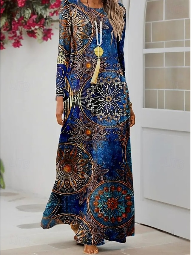  Damen Maxikleid A Linie Kleid Sommerkleid Urlaub Lässig Boho Täglich Normale Passform Grafik Geometrisch Langarm Rundhalsausschnitt Blau Sommer Frühling Herbst Winter