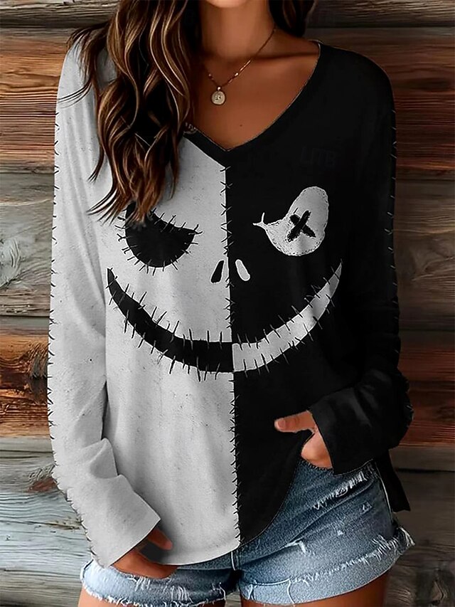 Halloween Women's T shirt Monster Graphic Skull Pumpkin Vintage Stylish Classic Long Sleeve V Neck Regular Tops Daily Weekend Print Black Fall Winter4
