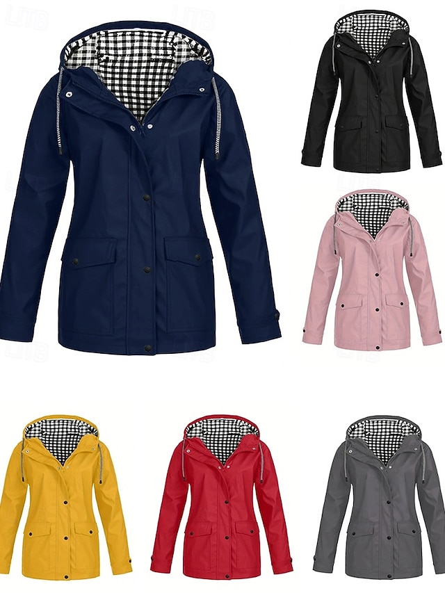  Mulheres Casaco impermeável Jaquetas de chuva impermeáveis Capas de chuva Prova-de-Água A Prova de Vento Zíper Bolsos Moda Ao ar livre Tecido Para Noite Final de semana Zíper Padrão Com Capuz Normal