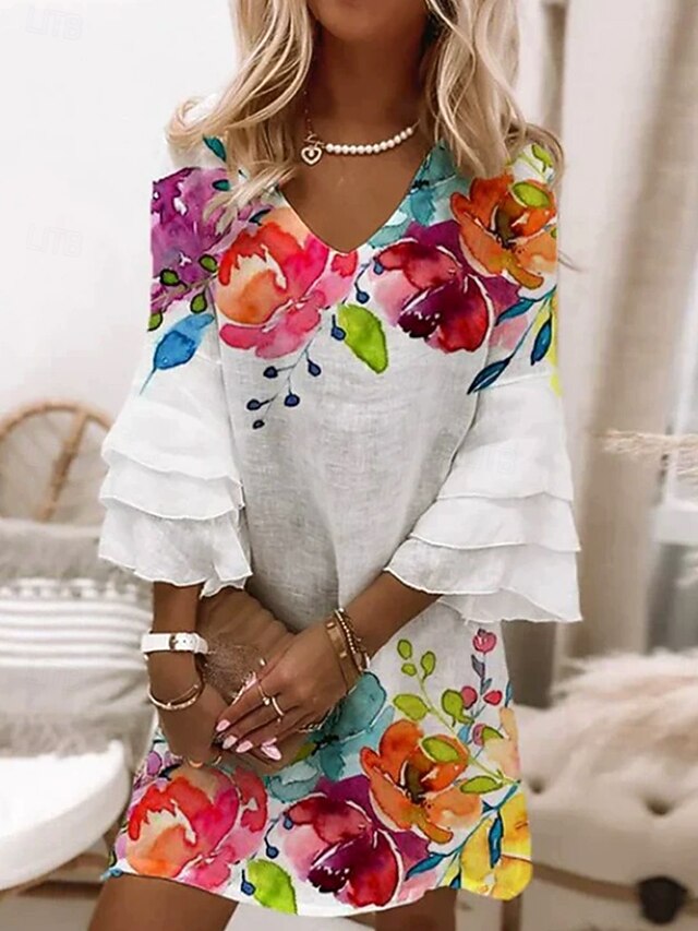 Women's Mini Dress Sundress Shift Dress A Line Dress Vacation Casual Boho Party Regular Fit Ombre Floral Graphic 3/4 Length Sleeve V Neck White Spring Fall4