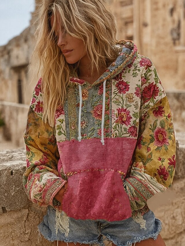 Women's 3D Print Vintage Boho Hoodie Patchwork Hoodie Sweatshirt Floral Pullover Sweatshirt  Casual Long Sleeve Hooded  Street Dailywear Patchwork Print Front Pocket Dark Pink Red Fall Winter4