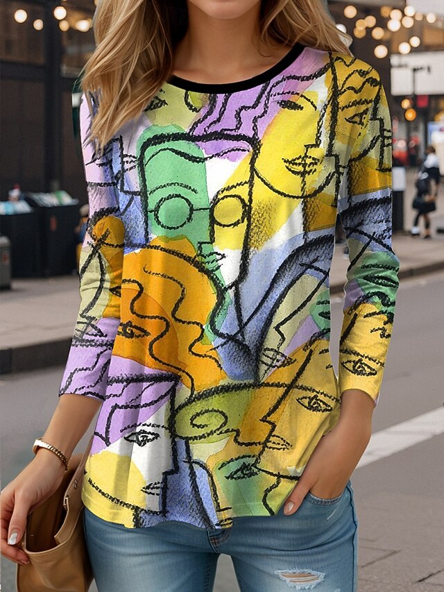  Femmes T-shirt Graphique Abstrait ancien Élégant Occasionnel manche longue Col ras du cou Hauts Réguliers Quotidien Imprimé Jaune Rouge Violet Vert Printemps Automne