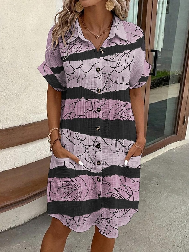  Femmes Mini Robe Robe Chemise Robe Décontractée Robe Imprimée Mode Moderne Quotidien Plage Week-end Coupe régulière Fleuri Rayé Manche Courte Col de chemise Rose Claire Été Printemps Automne