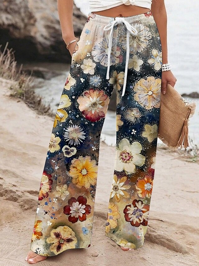 Women's Wide Leg Pants Trousers Vacation Casual Long High Waist Floral Elastic Waist Printing High Cut Breathability Soft Micro-elastic Vacation Street Daily Wear Dark Navy Spring Fall Regular Fit4