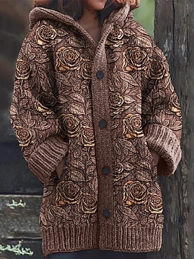 Women's Cardigan Vacation Vintage Daily Floral Ribbed Hooded Knitted Print Front Pocket Long Sleeve Regular Tops Knit Outdoor Daily Holiday Blue Brown Fall Winter4