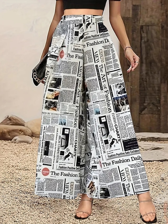 نسائي ساق عريضه بنطلون أناقة الشارع كاجوال مكتمل الطول ارتفاع متوسط زهور مرونة الخصر طبع مريح الأماكن المفتوحة عطلة مناسب للخارج أسود أبيض الخريف عادي