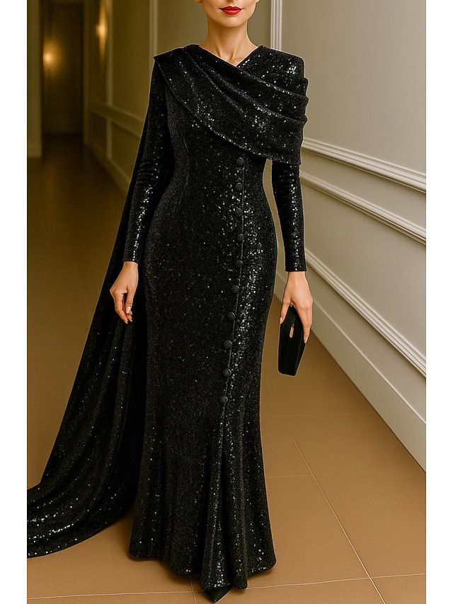  Schlauchkleid Abendkleid Elegant Formelle Kleidung Formell Hochzeit Bodenlang Langarm Hoher Ausschnitt Capes Paillettenbesetzt mit Glitzer 2025