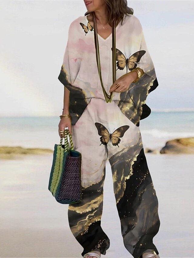 Women's Vacation Fashion Pants Sets 3/4 Length Sleeve V Neck Butterfly Print Vacation Daily Holiday Black Purple Khaki Summer Regular Fit4