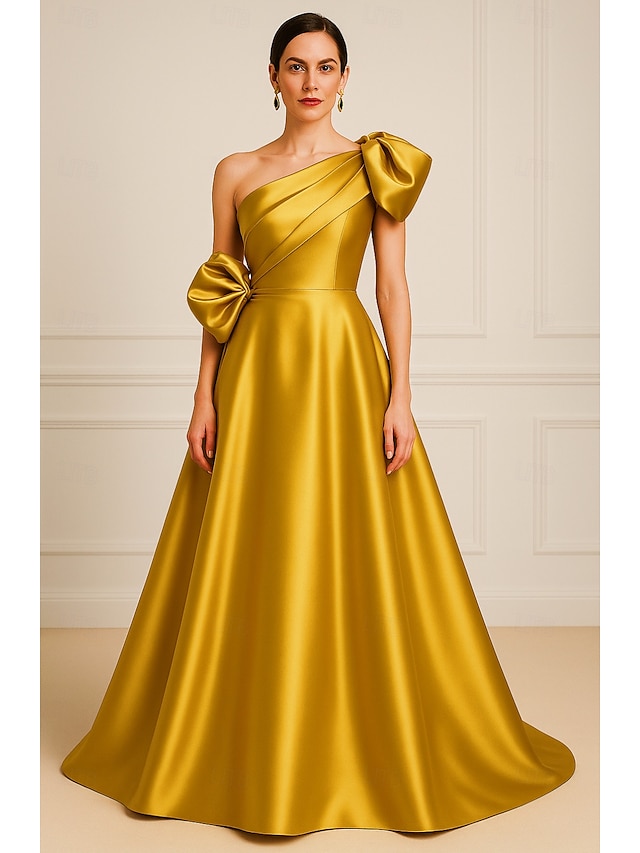  Vestido de Gala A-Line Vestido Elegante Formal Casamento Comprimento do Chão Sem Mangas Um Ombro Cetim com Bolsos e Pregas Flor de Ombro
