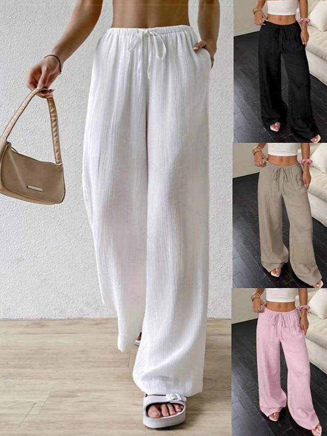  Dam Brett skaft Byxor Palazzo byxor Mode Streetwear Fullängd Hög midja Slät Elastisk midja Mateial som andas Bekväm Gata Dagliga kläder Utekväll Svart Vit Rodnande Rosa Kaki Sommar Vår Normal