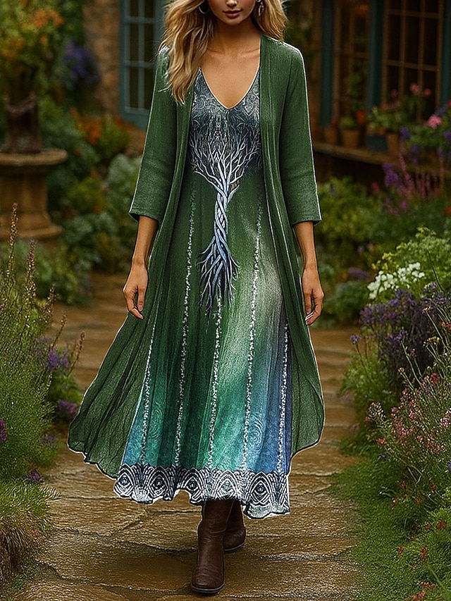 Women's Dress Set Maxi Dress A Line Dress Summer Dress Vacation Boho Ombre Graphic Layered Print Maxi Dress 3/4 Length Sleeve V Neck Outdoor Daily Blue Purple Green Spring Fall Regular Fit4