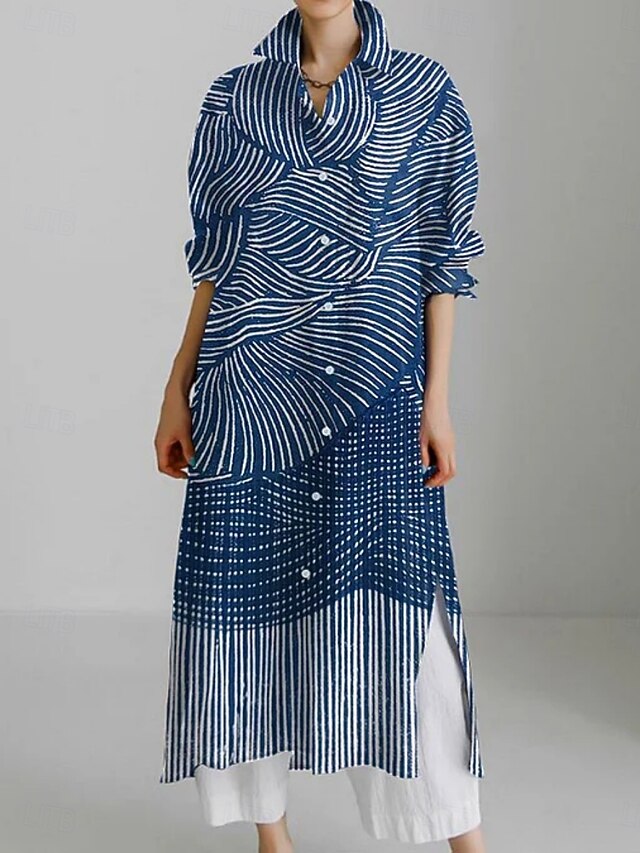 Women's Long Dress Maxi Dress Shirt Dress Casual Dress Fashion Modern Daily Holiday Weekend Regular Fit Color Block Line 3/4 Length Sleeve Shirt Collar Navy Blue Summer Spring Fall4