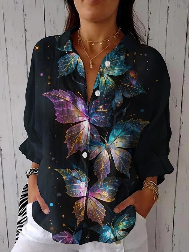Women's Shirt Butterfly Daily Casual Long Sleeve Shirt Collar Regular Tops Daily Holiday Buttons Print Navy Blue Summer Spring Fall4