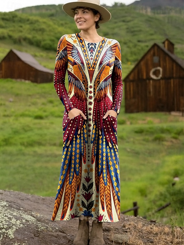  Damen Maxikleid Etui-Kleid T-Shirt-Kleid Urlaub Lässig Boho Ferien Date Normale Passform Grafik Geometrisch Stammes Langarm Rundhalsausschnitt Schwarz Gelb Rote Leicht Braun Frühling Herbst