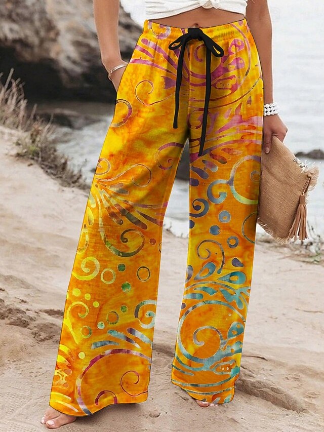 Women's Wide Leg Pants Trousers Retro Vintage Long High Waist Floral Elastic Waist Printing High Cut Breathability Soft Micro-elastic Vacation Street Daily Wear Yellow Spring Fall Regular Fit4