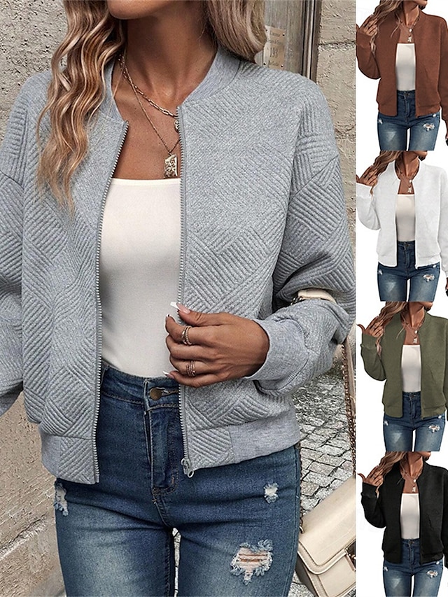  Damen Freizeitjacke Strukturierte Jacken Bequem Reißverschluss Mode Modern Lässig Einfach Ausgehen Wochenende Reisverschluss Regulär Stehkragen Normale Passform Langarm Oberbekleidung Schwarz Wei