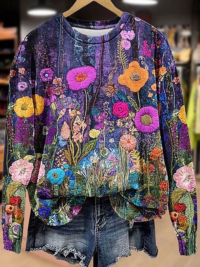 Women's Pullover Floral Graphic Warm Classic Casual Long Sleeve Crew Neck Round Neck Regular Tops Home Street Dailywear Print Red Purple Orange Spring Fall Winter4