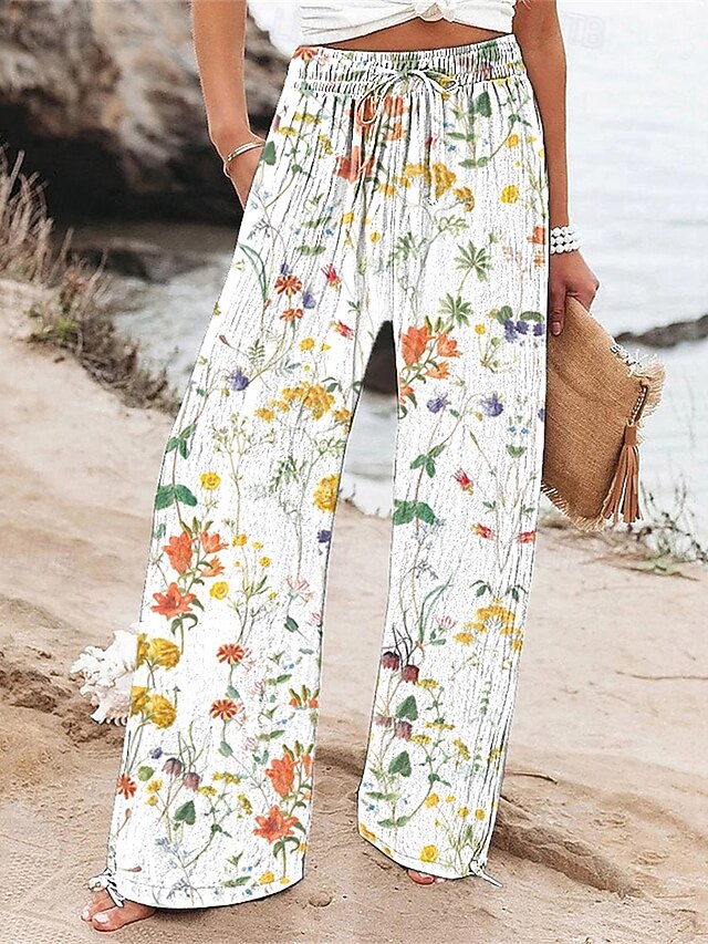 Women's Wide Leg Pants Trousers Palazzo Pants Fashion Boho Full Length High Waist Flower Drawstring Elastic Waist Print Breathability Comfortable Street Daily Wear Going out White Spring Fall Regular4