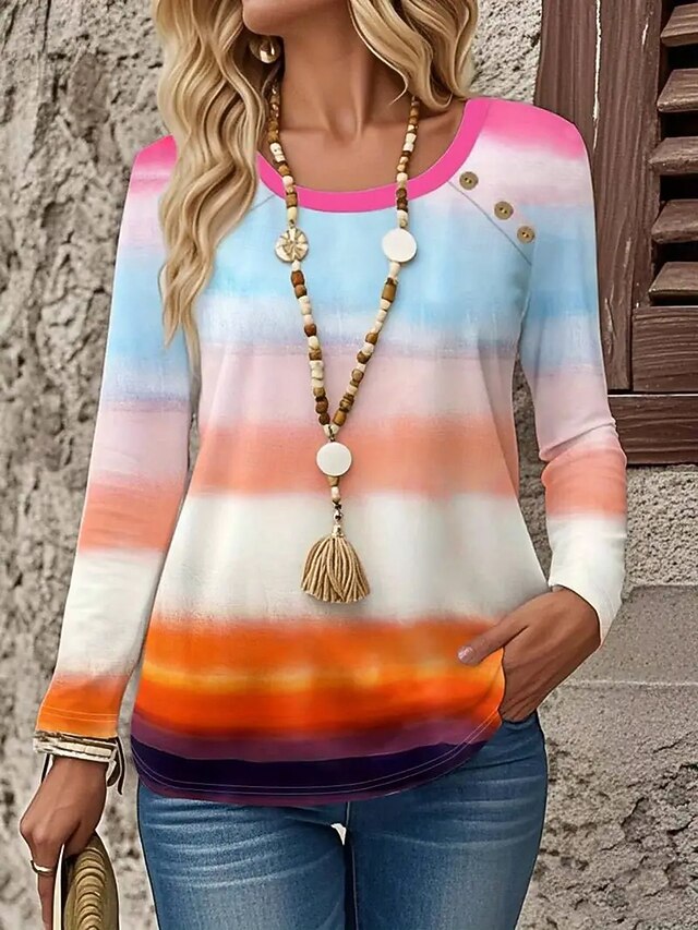 Women's T Shirt Ombre Graphic Geometric Vintage Stylish Classic Long Sleeve Crew Neck Round Neck Regular Tops Daily Going out Weekend Buttons Print Purple Fuchsia Orange Spring Fall Winter4