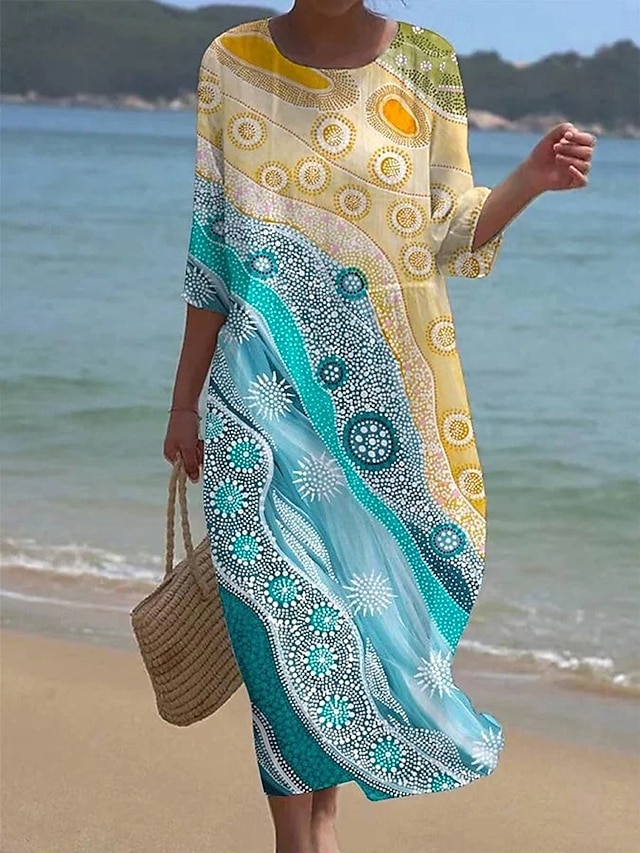  Damen Maxi Kleid Kaftan 3/4 Länge Ärmel Rundhalsausschnitt Lässiges Shift Kleid Kleid Boho Alltag Urlaub Date Grafisch Geometrisch Gelb Blau Lila Frühling Herbst