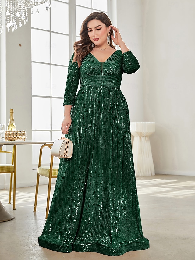 A-Line Plus Size Dress Wedding Guest Formal Evening Floor Length Long Sleeve V Neck Chiffon Lace-up with Crystals Sequin main image 1