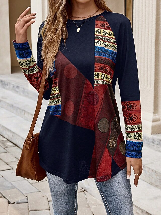 Women's T Shirt Graphic Geometric Vintage Stylish Classic Long Sleeve Crew Neck Round Neck Long Tops Daily Print Red Spring Fall4