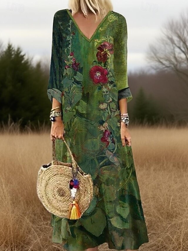 Women's Long Dress Maxi Dress Casual Dress Print Dress Fashion Modern Daily Beach Weekend Regular Fit Flower 3/4 Length Sleeve V Neck Green Fall4