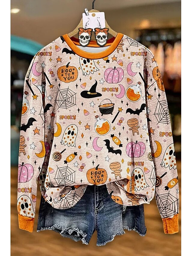 Halloween Women's Sweatshirts Pumpkin Graphic Skull Warm Vintage Casual Long Sleeve Crew Neck Round Neck Regular Tops Street Dailywear Print Orange Spring Fall Winter4