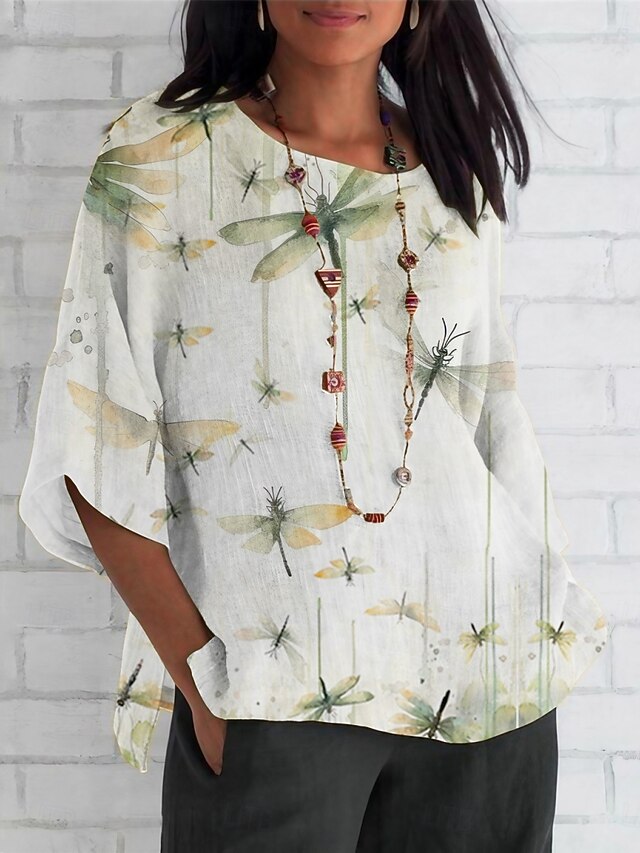 Women's Shirt Dragonfly Daily Casual 3/4 Length Sleeve Crew Neck Regular Tops Daily Holiday Print White Green Summer Spring Fall4
